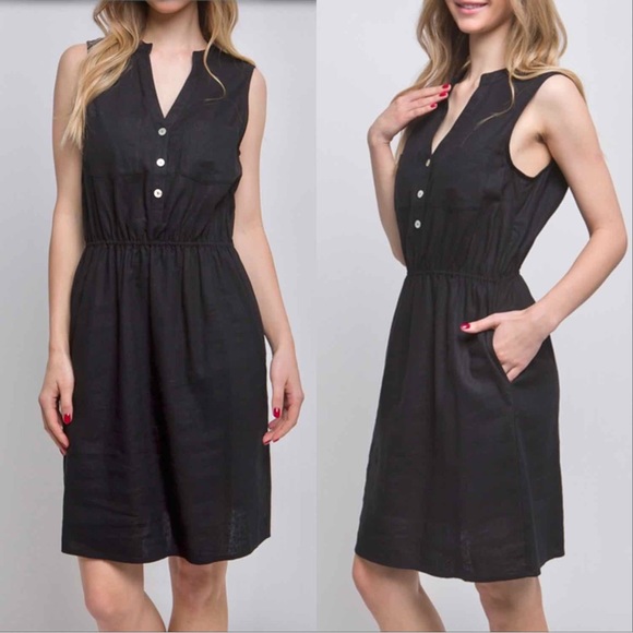 LINEN V NECK BUTTON DOWN SLEEVELESS DRESS  - BLACK - Picture 2 of 4